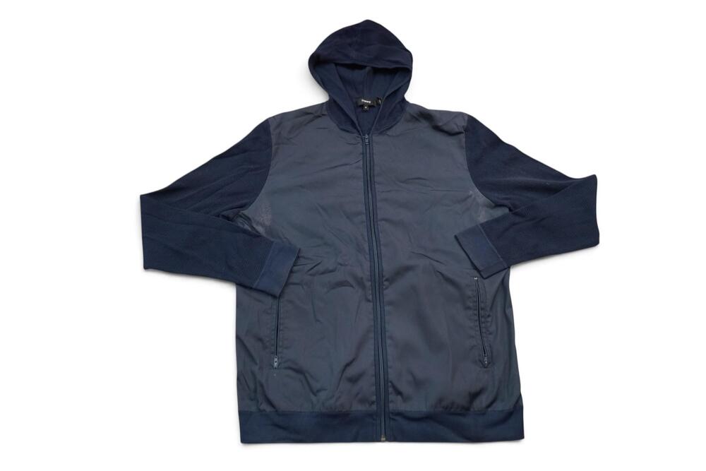 Theory Jacket Mens Medium Blue Hooded Knit Back Full Zip Lightweight Windbreaker